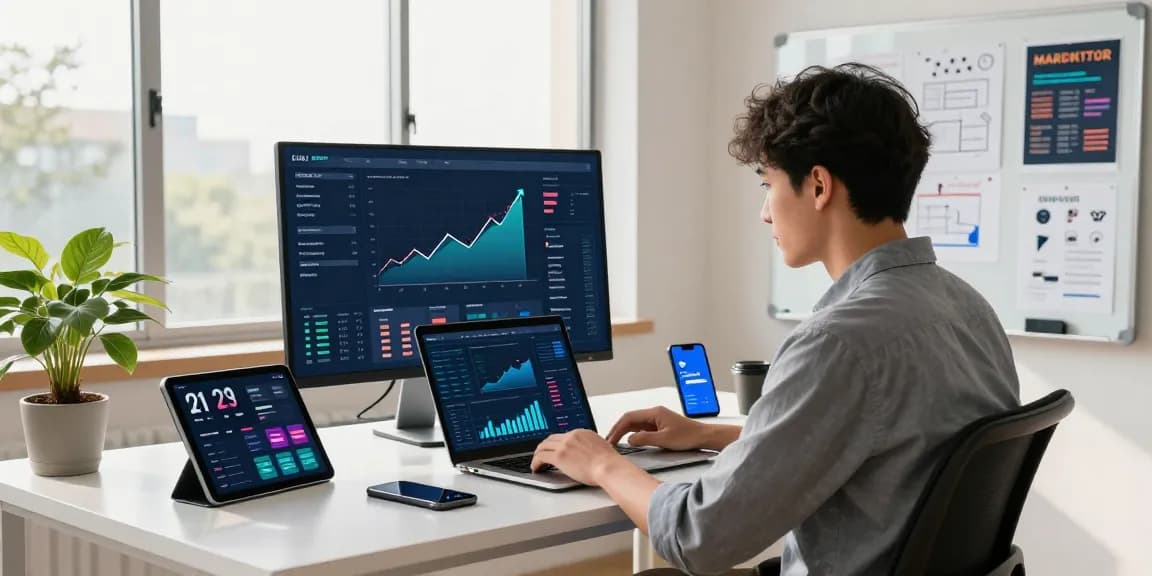 MidiaKit tools in a vibrant digital marketing workspace showcasing analytics and productivity.