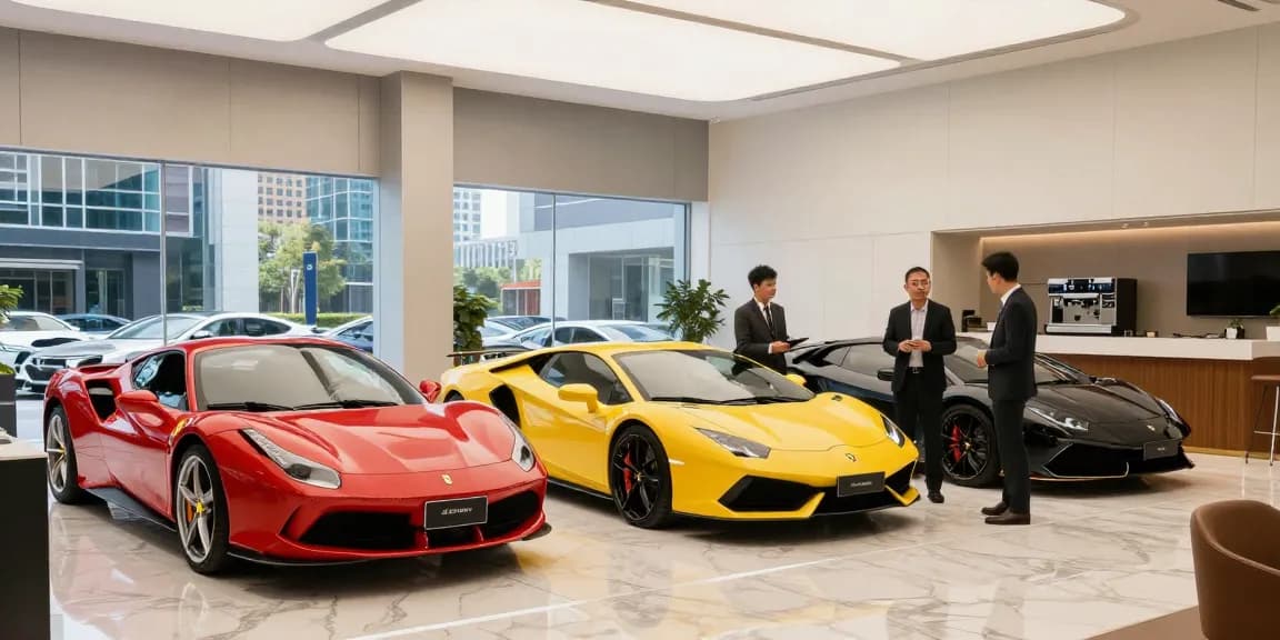 Showroom LUXURY 777 dengan mobil premium dan pelanggan berdiskusi.