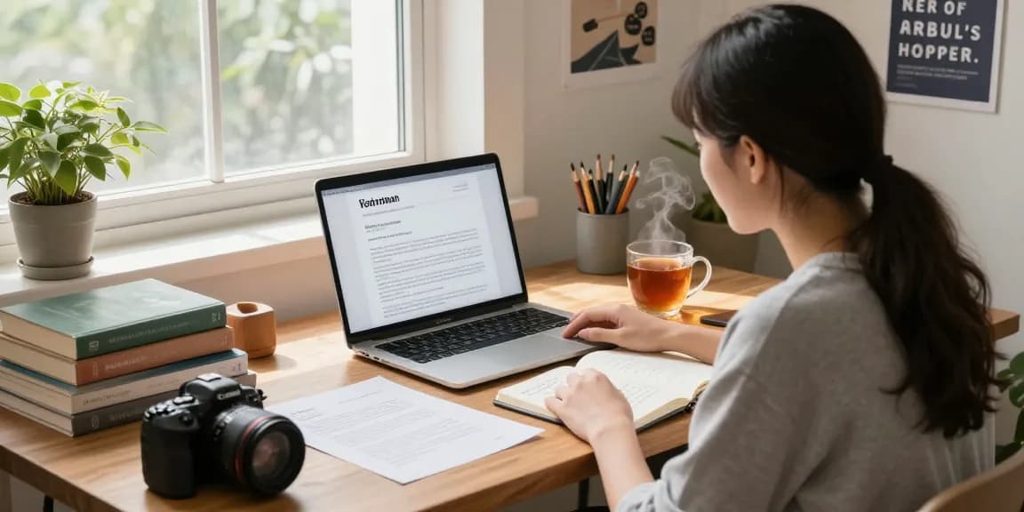 Student preparing personalized recommendation letter with Edunitro in cozy home office