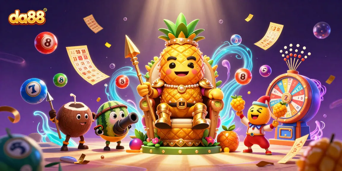 Join da88's golden pineapple king and friends for thrilling beach casino action!