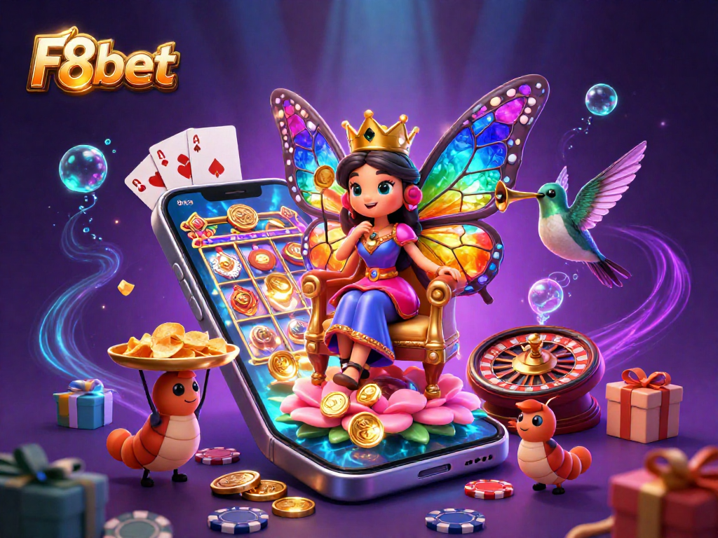 Experience the vibrant gaming world at F8bet with a colorful, dynamic casino illustration showcasing a butterfly queen and gaming elements.