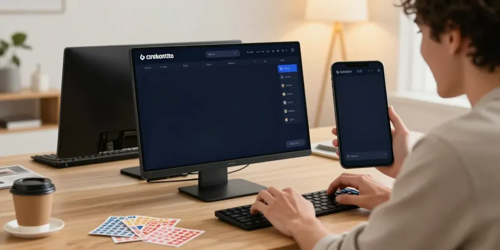 Tampilan antarmuka cirebontoto di laptop dalam suasana nyaman, pengguna terlibat dalam permainan.