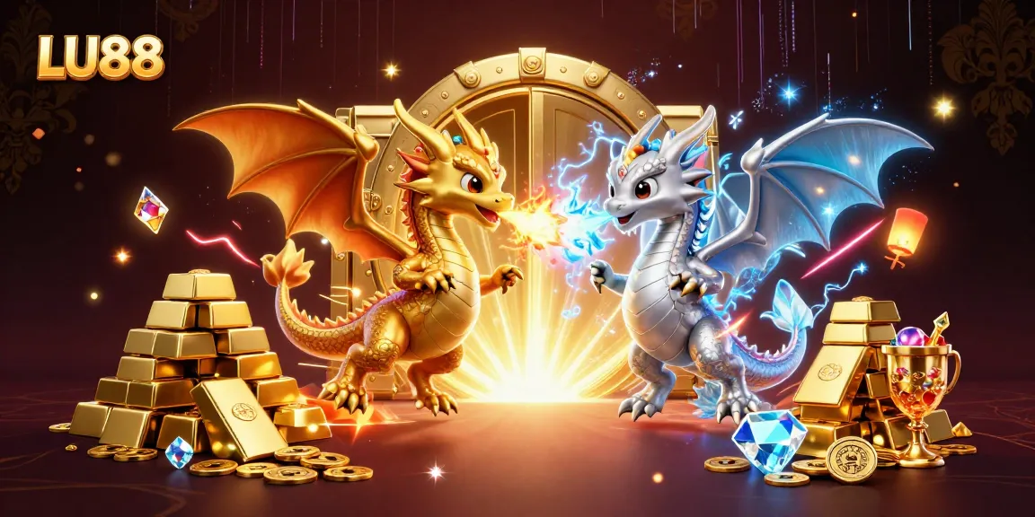Engage with LU88's thrilling world of online gambling with a dynamic casino scene featuring dragons.