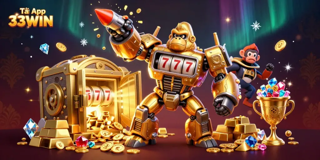 Tải App 33WIN with a dynamic golden gorilla mech, coins exploding around in an ultra-detailed casino scene.