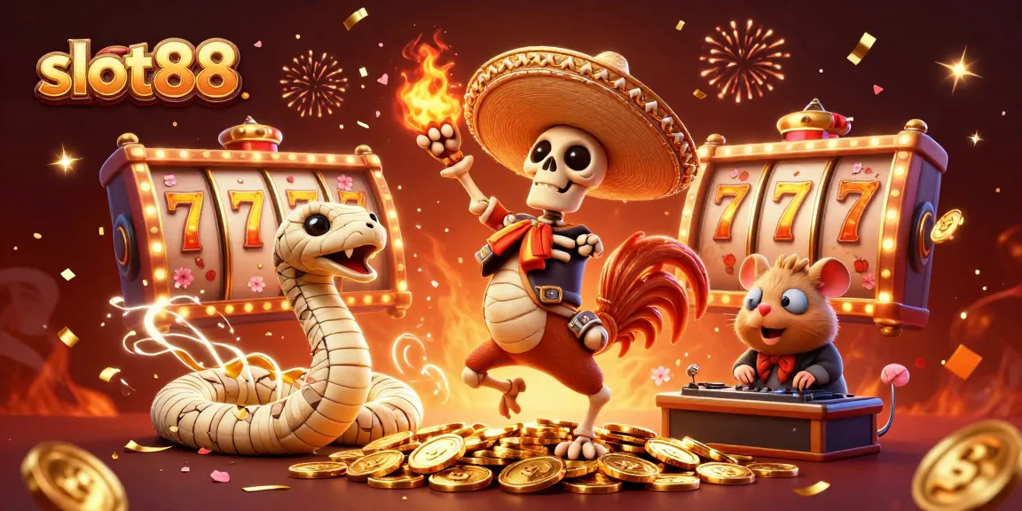 Permainan slot88 yang seru diperlihatkan dengan karakter kartun meriah di latar yang penuh energi.