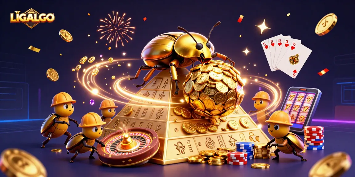 LIGALGO showcases a dynamic scene with cartoon beetles in a casino-themed illustration, rolling coins and vibrant game elements.
