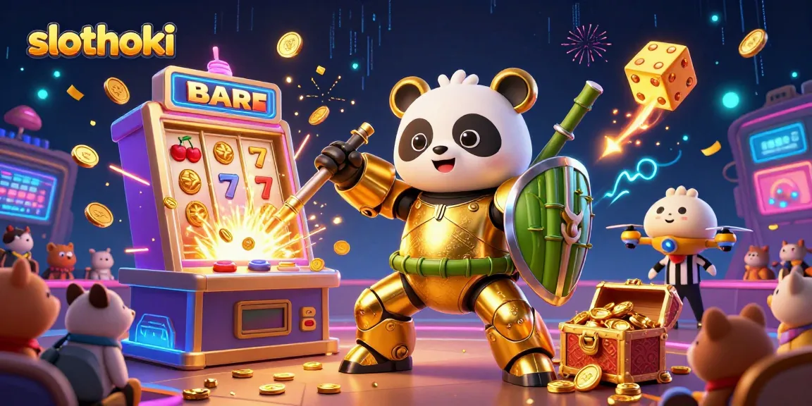 Gambarlah slothoki dengan panda emas mengemudikan robot bertema bambu di kasino penuh energi dan simbol permainan.