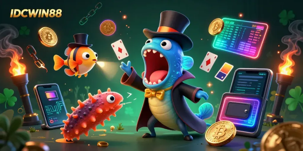 Experience thrilling gameplay with IDCWIN88's magical casino scene featuring enchanting 3D characters and vibrant crypto elements.