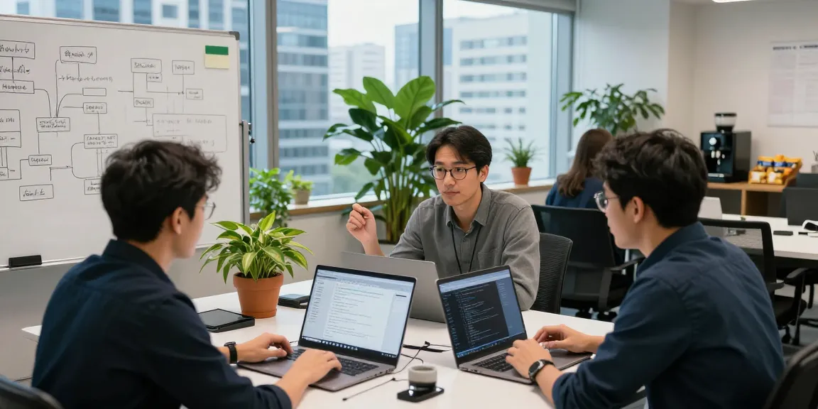 Team collaborating on sc88 software development in a modern office.