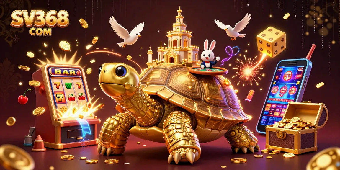 Experience gaming thrills at SV368 COM with a vibrant casino scene featuring lucky symbols and golden coins.
