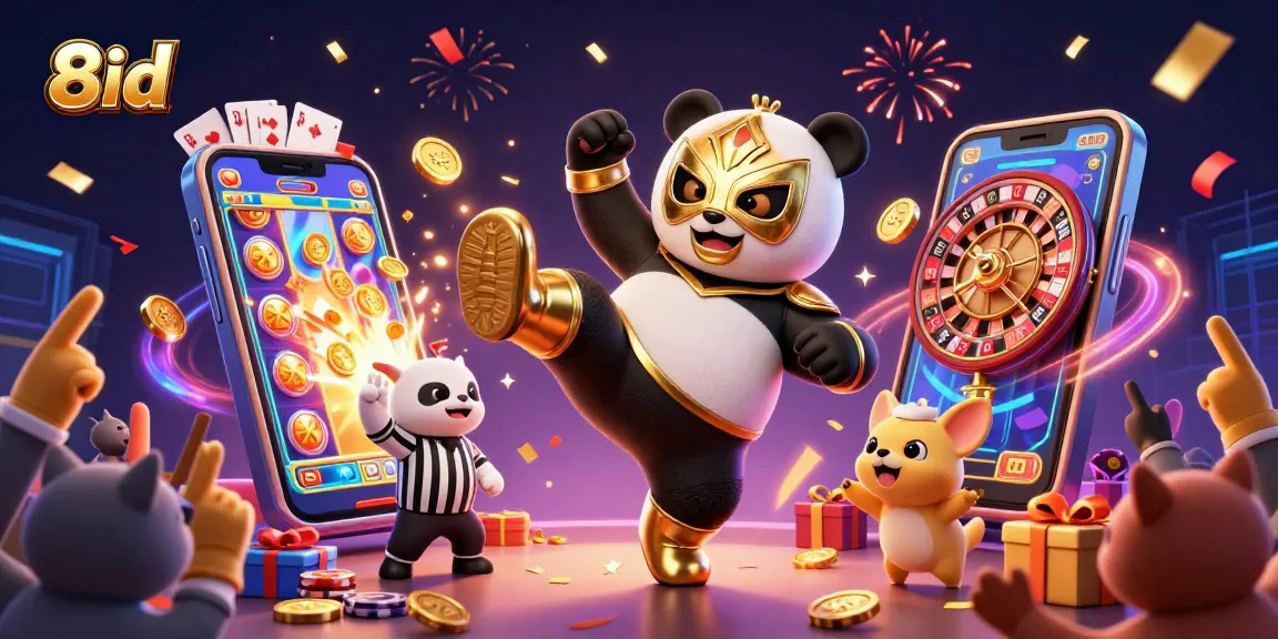 Experience the thrill of 8id with a 3D illustration of a panda wrestler, slot games, and casino excitement.