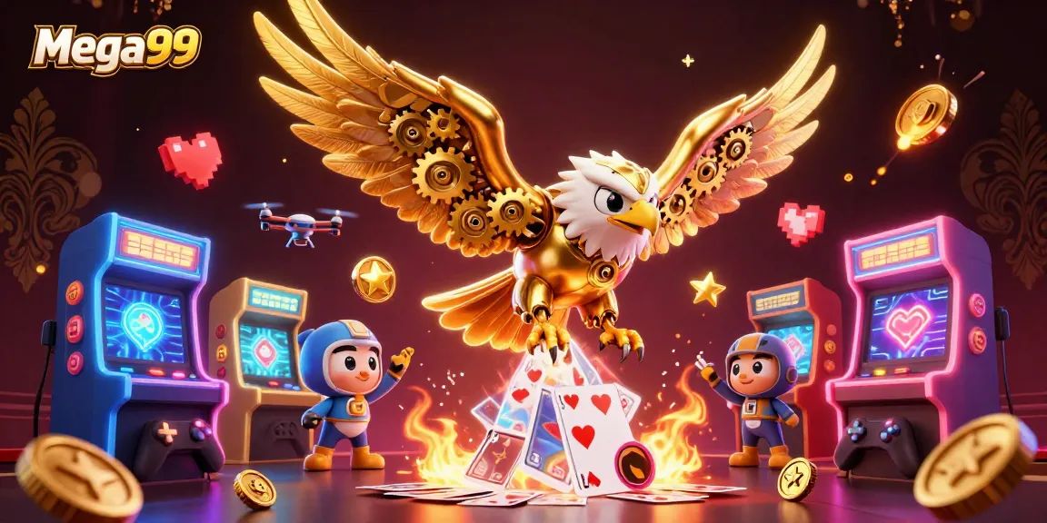 Experience mega99 excitement with a golden eagle soaring through holographic cards while playing slots.