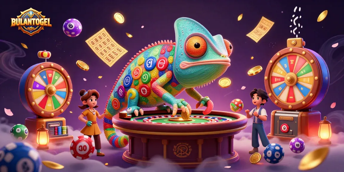 BULANTOGEL casino owner chameleon captures golden coins amidst lively lottery elements.