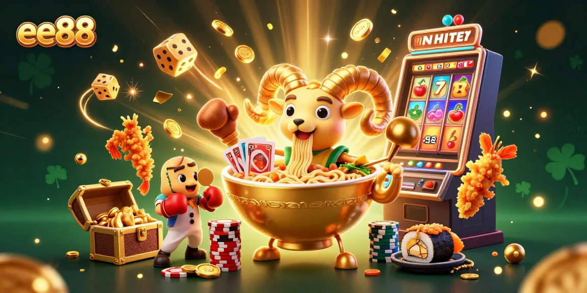 Play with ee88 at a vibrant casino scene featuring a golden ramen bowl dealer and jackpot elements.