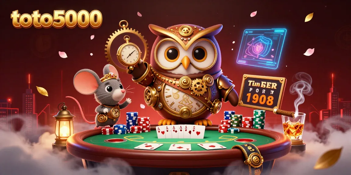 Experience the thrill of toto5000 with a vibrant steampunk casino scene showcasing cards, chips, and a time-traveling owl.
