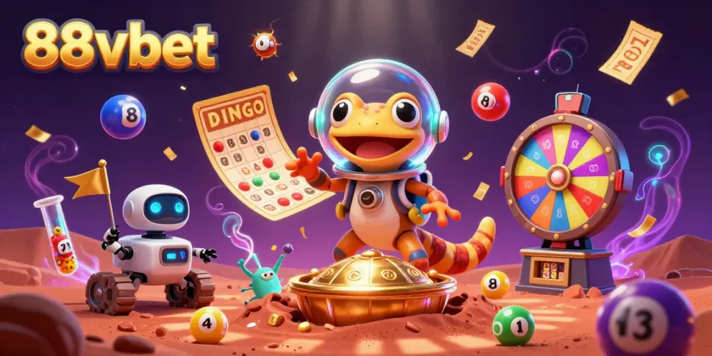 Experience excitement at 88vbet with a 3D Martian gecko exploring a golden casino.