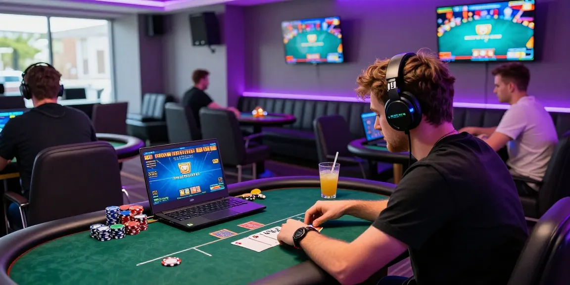 Situs Poker Online Resmi Domino88 vibrant gaming lounge scene with players engaged in competitive online poker