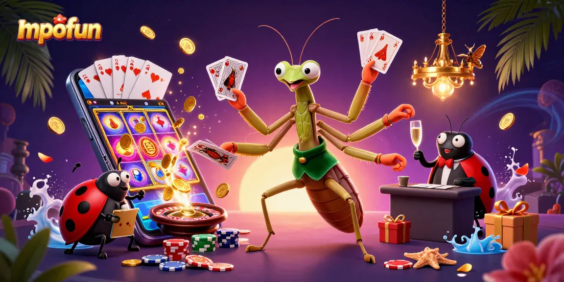Engaging mpofun scene with a giant praying mantis and ladybug dealing cards in a casino.