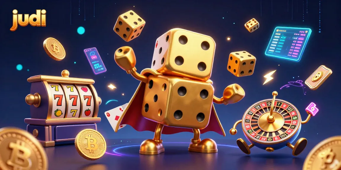 Experience judi excitement with vibrant slot reels, golden dice, and colorful casino symbols in this 3D illustration.