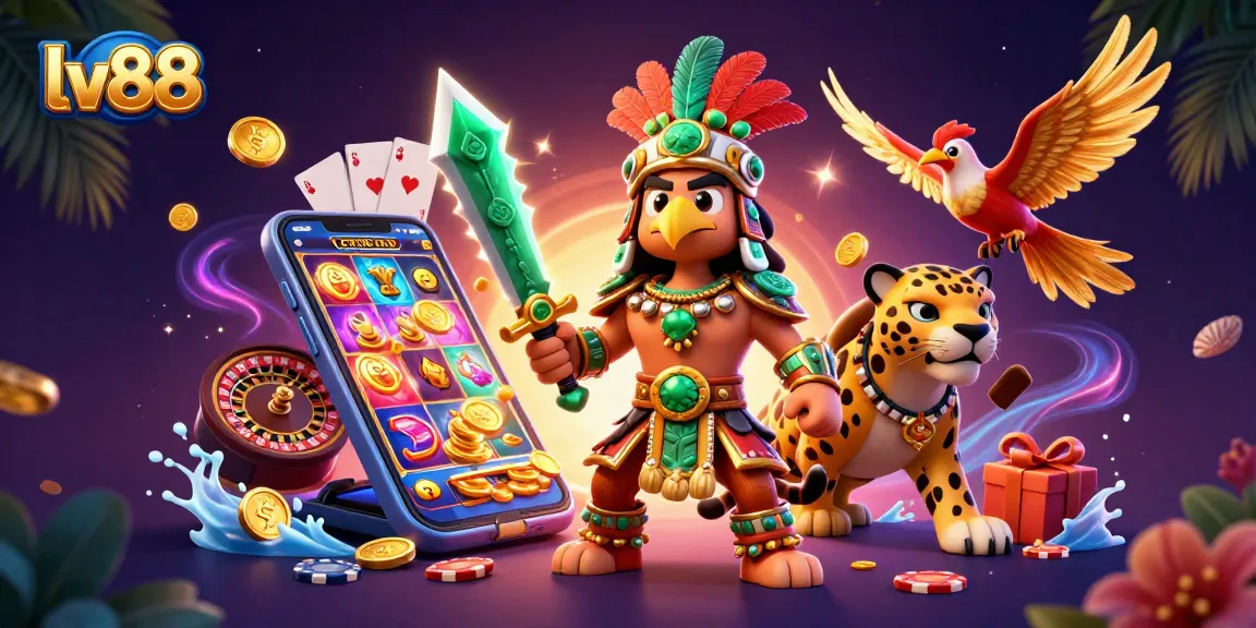 Experience thrilling gameplay at lv88 with 3D Aztec warriors amidst vibrant casino elements.