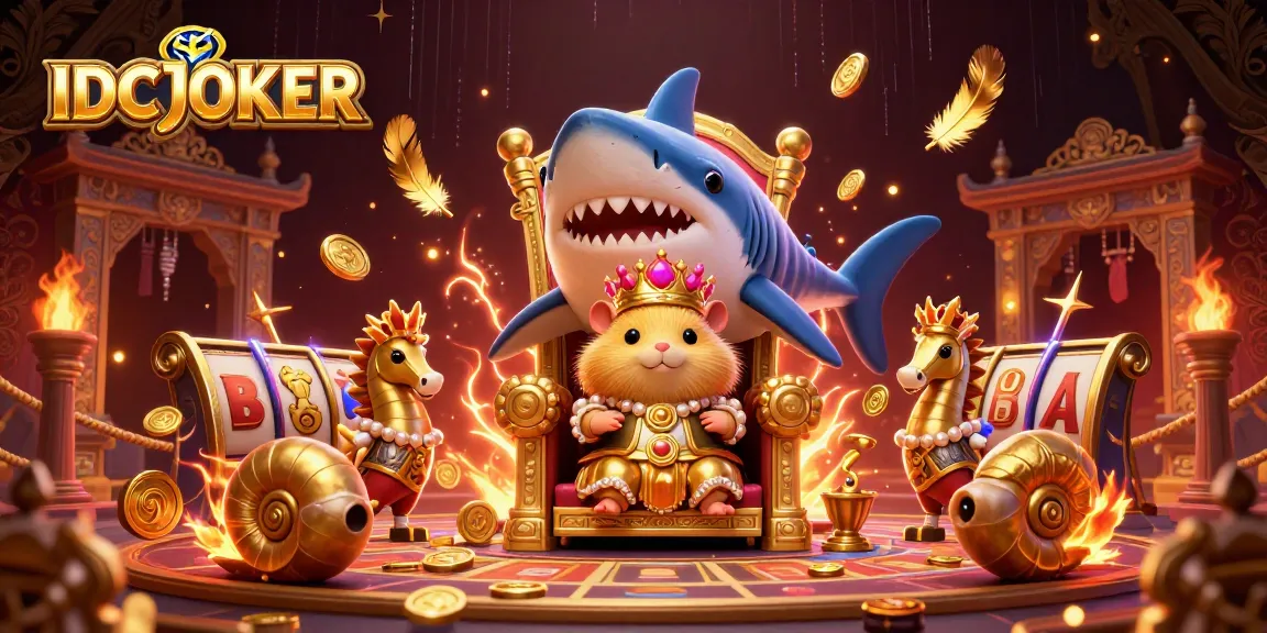 IDCJOKER thrills with a dynamic scene featuring a golden hamster king on a megalodon throne amidst slot reels and guardian seahorses.