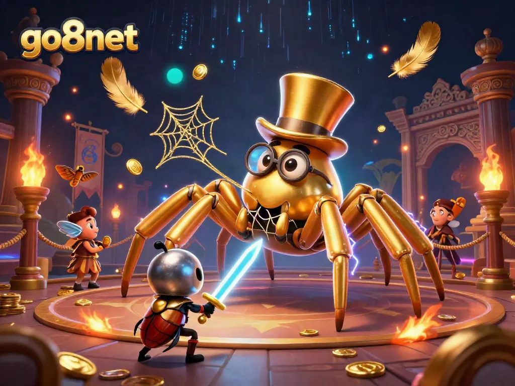 Engage with go8net's casino adventure featuring a golden tarantula and brave beetle knight.