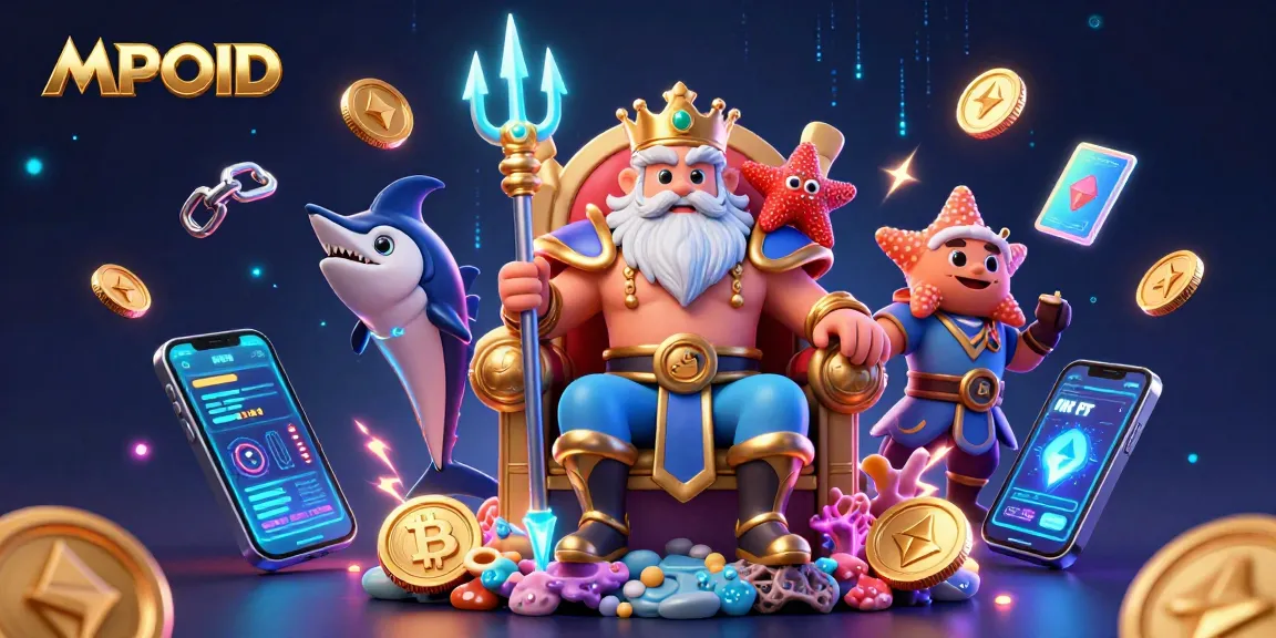 Experience thrilling play with MPOID featuring a vibrant 3D scene of Neptune, crypto elements, and casino excitement.