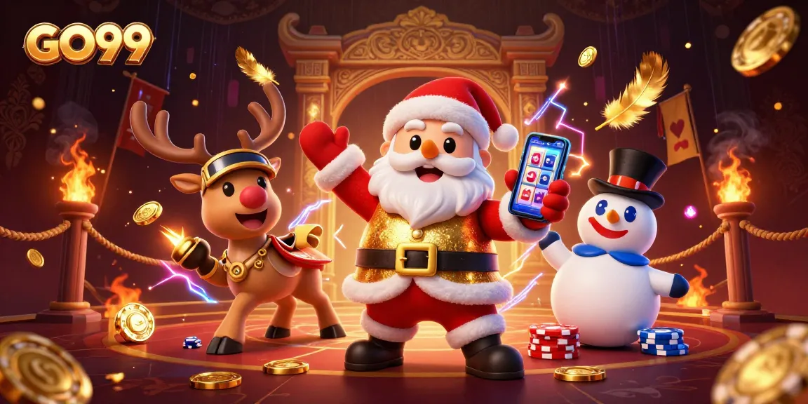 Experience GO99's thrilling slots action with Santa and friends in a festive casino setting.
