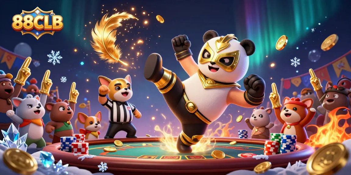 Experience the excitement of 88CLB, showcasing a panda wrestler in action amidst a lively casino atmosphere.