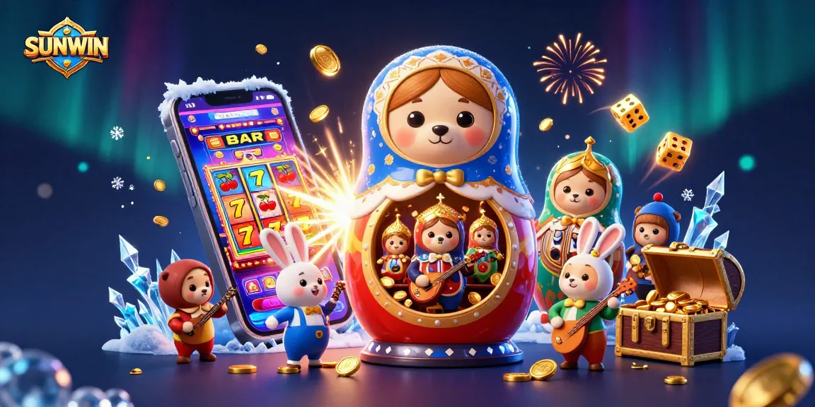 SUNWIN casino scene featuring Matryoshka bears, slot machine, and festive elements.