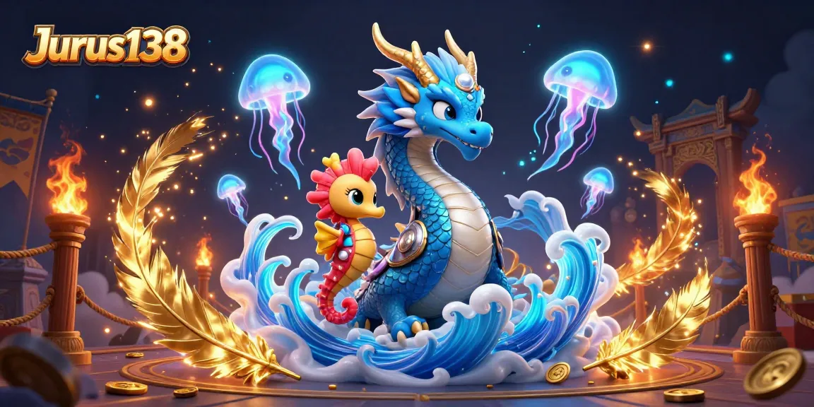 Watch Jurus138's enchanted azure dragon and coral knight amidst vibrant casino elements.