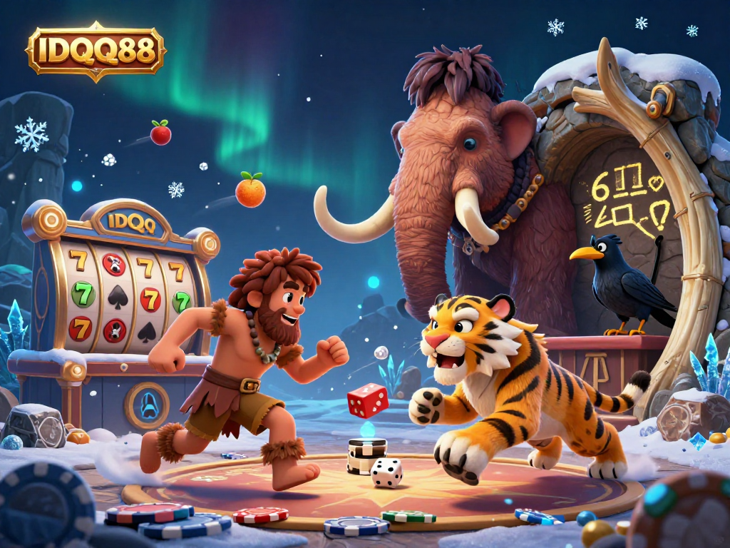 Experience the vibrant IDQQ88 casino with cartoon cavemen, slot reels, and a dynamic prehistoric atmosphere.