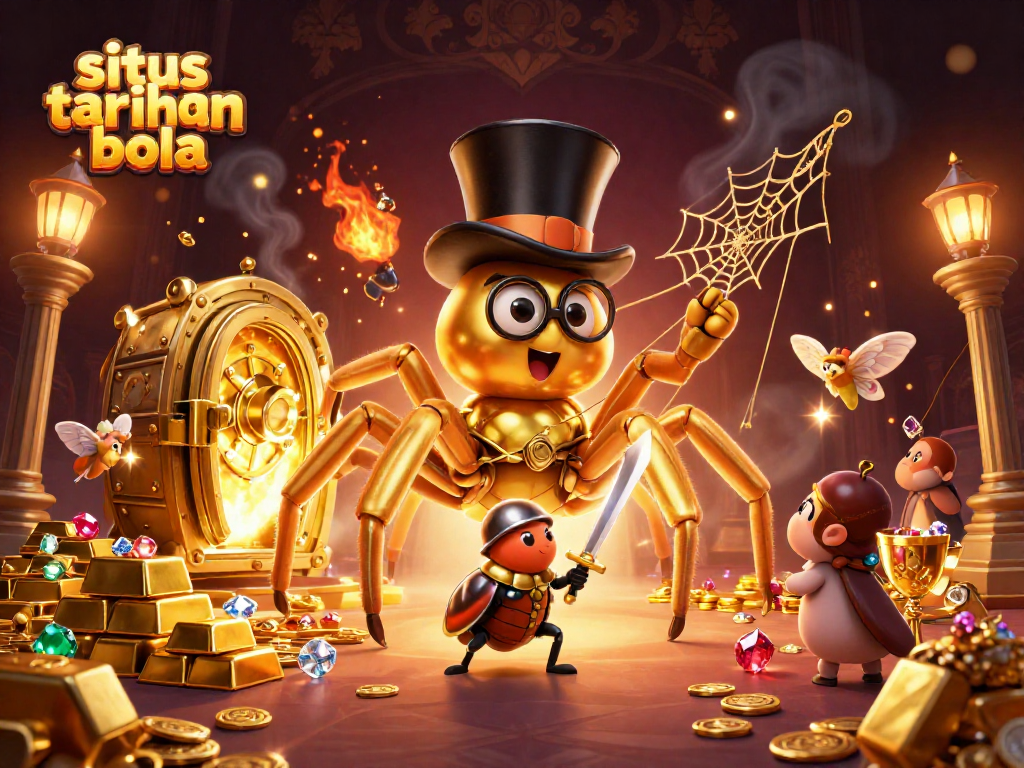 Experience situs taruhan bola with a golden tarantula, beetle knight, and dazzling treasures in a vivid casino scene.