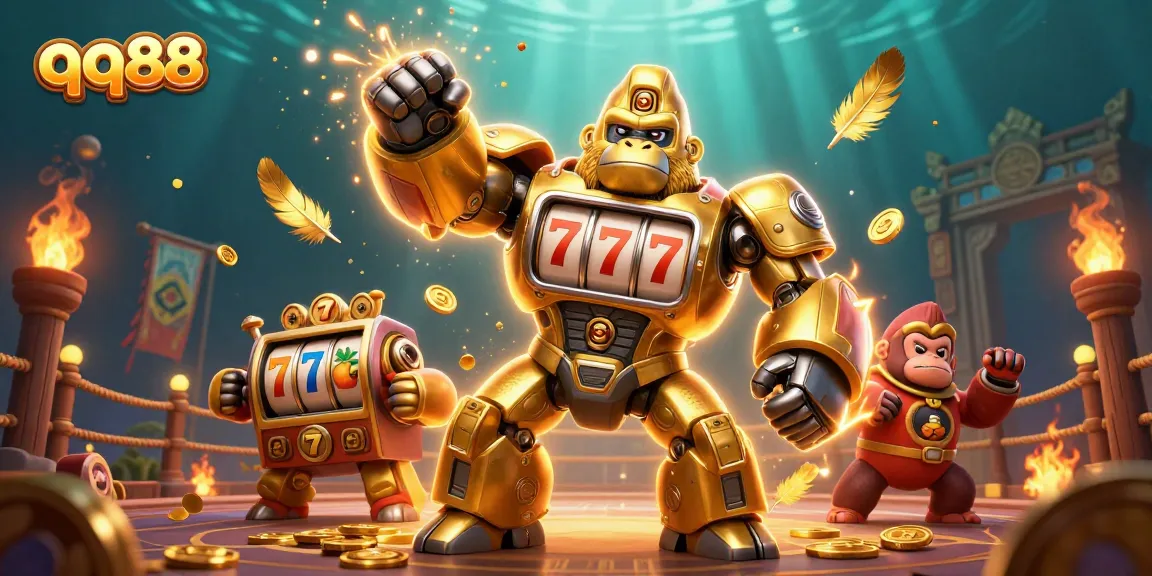 Experience thrilling action with qq88 as golden gorilla mech and monkey pilot win big!