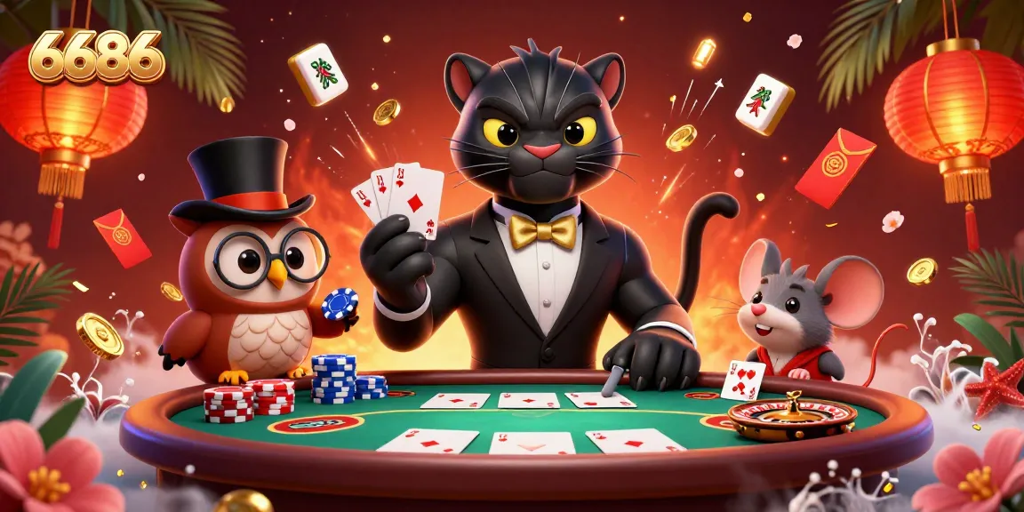 Experience thrilling poker action with 6686 in this vibrant casino scene showcasing melodramatic characters.