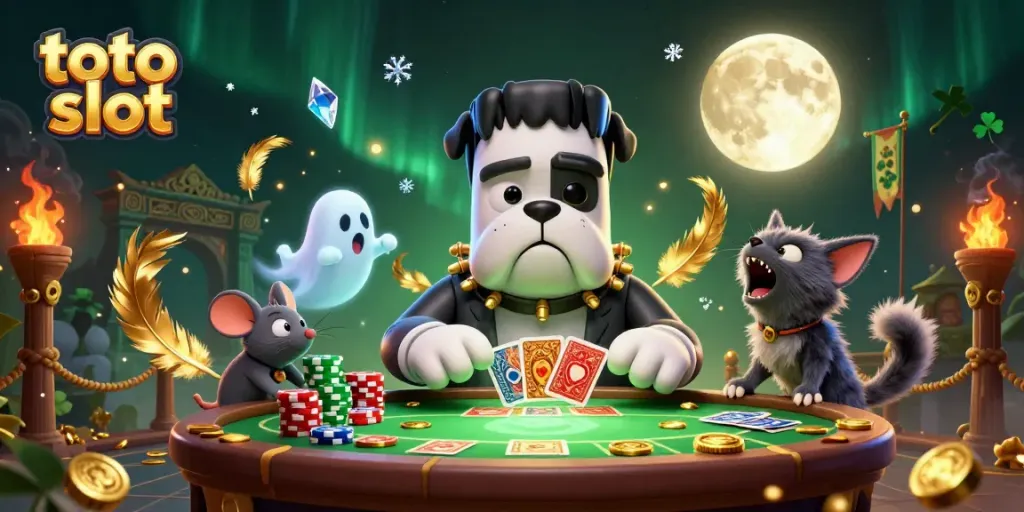 Permainan toto slot yang menegangkan dengan karakter kartun monster dalam suasana kasino mistis.