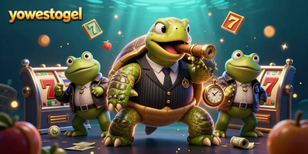 yowestogel's massive snapping turtle mascot engaging in thrilling slot action with vibrant casino elements