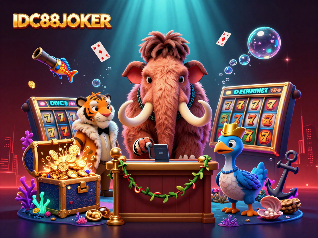 Experience thrilling gaming at IDC88JOKER with a vibrant casino scene featuring rich characters and lively elements.