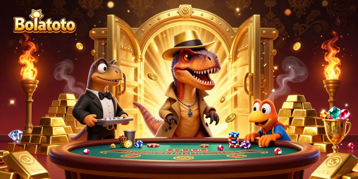 Experience Bolatoto's vibrant casino scene with cartoon dinosaurs at a blackjack table.