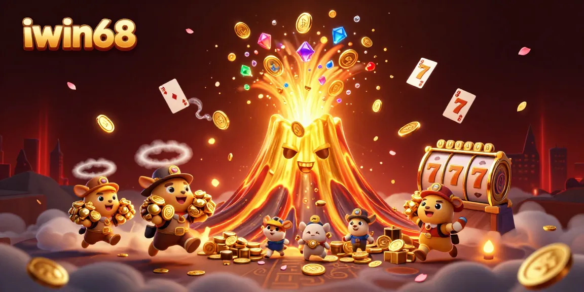 Experience winning at iwin68 with vibrant visuals of an erupting volcano and golden treasures.