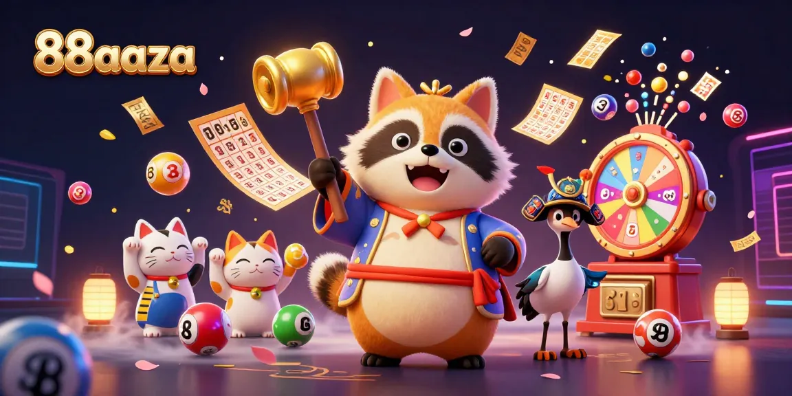Engage with the exciting gaming environment of 88aaza featuring a cheerful tanuki, colorful lottery elements, and vibrant casino atmosphere.