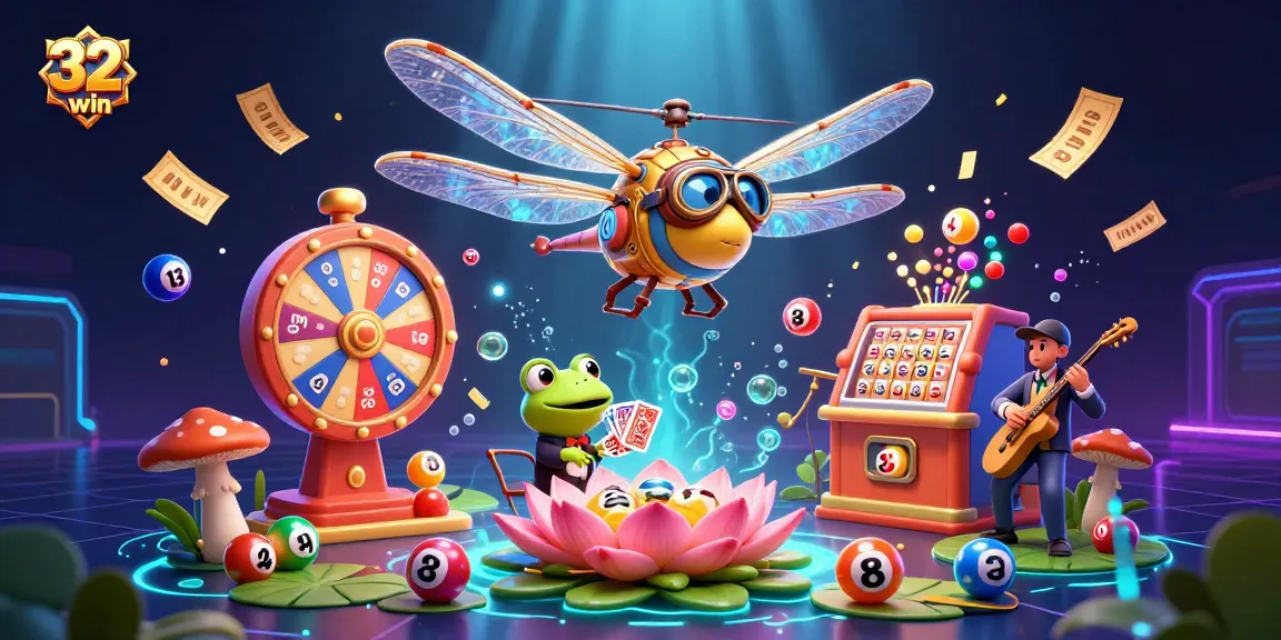 32win showcases a vibrant casino scene with a dragonfly pilot and frog croupier dealing cards among lottery elements.