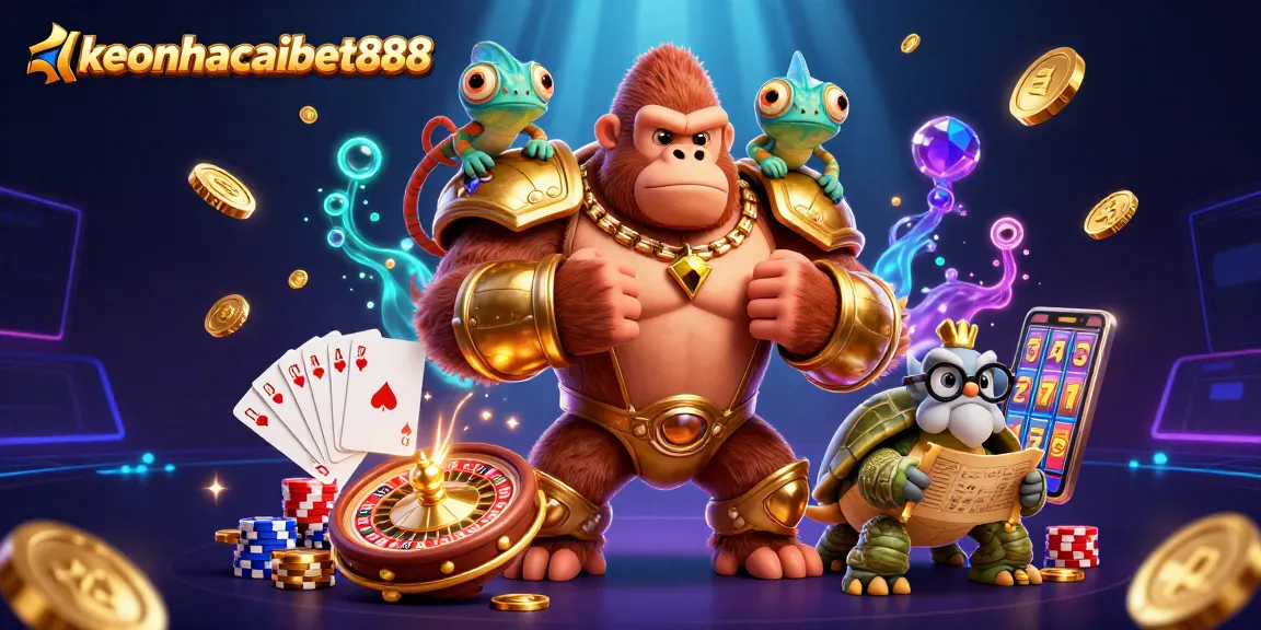 Experience excitement with keonhacaibet888 in a vibrant 3D animated casino scene.