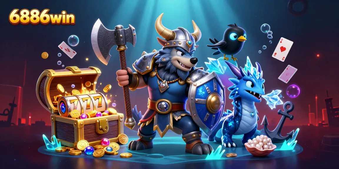 Engage with thrilling gameplay at 6886win showcasing a Viking wolf warrior under a dynamic casino scene.