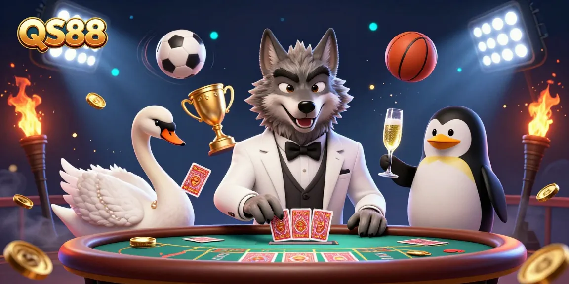 Experience the excitement of QS88 with a sophisticated casino illustration featuring vibrant characters and dynamic game elements.