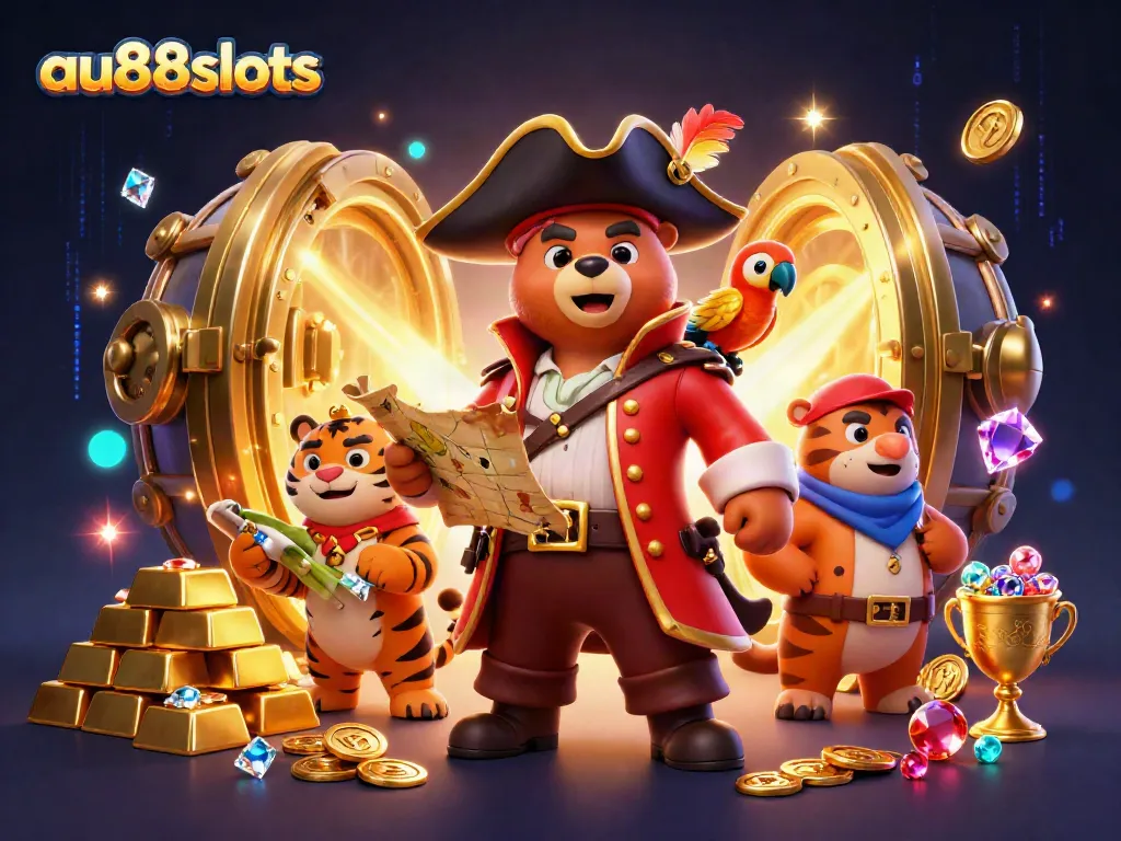 Experience the excitement of au88slots with this dynamic casino-themed 3D illustration featuring treasure and adventure.