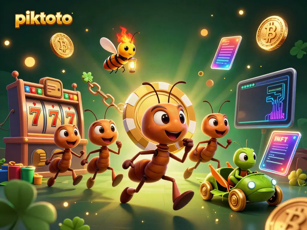 Experience thrilling action at piktoto with ants stealing a giant poker chip in this vibrant casino scene.