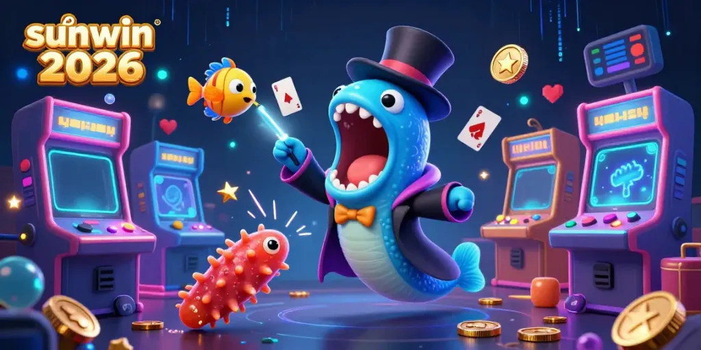 Experience the magic of Sunwin đổi thưởng 2026 with vibrant casino-themed 3D characters performing exciting card tricks in a dynamic undersea setting.