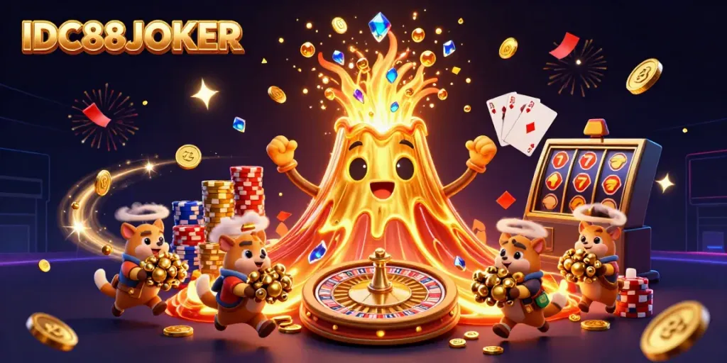Experience the thrill of IDC88JOKER with a vibrant scene of a golden volcano erupting treasure in a dynamic casino environment.