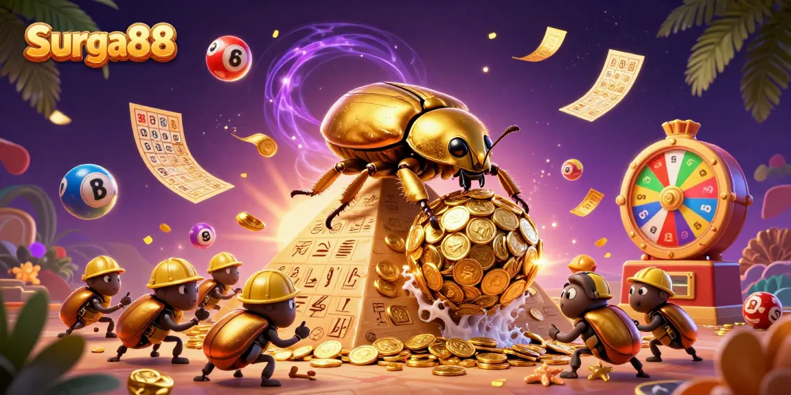 Experience excitement with Surga88, showcasing a golden beetle amidst vibrant lottery elements.